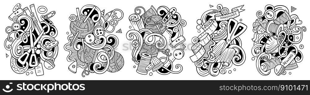 Handmade cartoon vector doodle designs set. Sketchy detailed compositions with lot of crafts objects and symbols. Handmade cartoon vector doodle designs set.