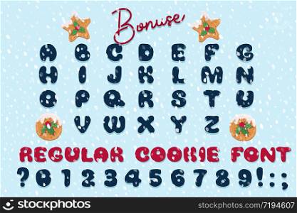 Handmade Christmas gingerbread cookies alphabet set. Cartoon style font. Art design letter. Festive lettering greeting card on winter snow background. Xmas holiday vector illustrations.