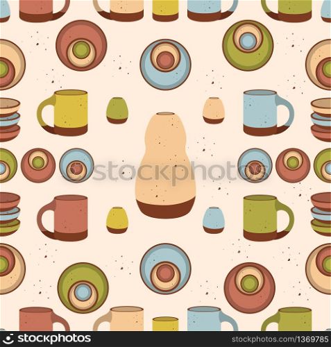 Handmade clay pottery with colored enamel. Simple vector illustration. Seamless pattern. Handmade clay pottery with colored enamel. Seamless pattern