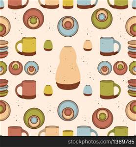 Handmade clay pottery with colored enamel. Simple vector illustration. Seamless pattern. Handmade clay pottery with colored enamel. Seamless pattern