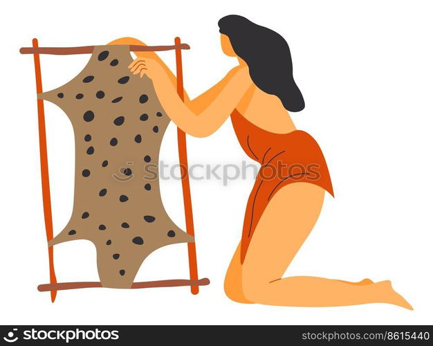 Handmade clothes tailoring and sewing out of leather and animal fur. Isolated woman softening material for clothes. Primitive culture female characters manually working. Vector in flat style. Primitive culture, making clothes out of leather