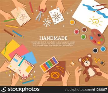 Handmade Concept In Flat Style. Handmade concept in flat style with children drawings plasticine color paper watercolor and skillful hands vector illustration
