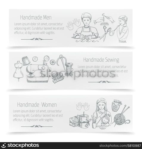 Handmade horizontal banner set with hand drawn sewing elements isolated vector illustration. Handmade Banner Set