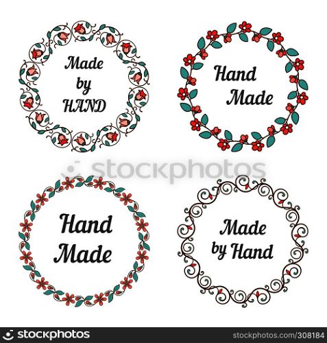 Handmade labels with floral wreaths, made by hand vector badges. Handmade labels with wreaths