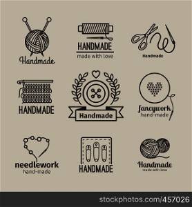 Handmade line vintage logo set. Handmade retro badges or handmade outline labels. Knitwear and sewing symbols. Vector illustration. Handmade line vintage logo set