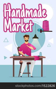Handmade market poster vector template. Shoemaker. Shoemaking process. Footwear. Brochure, cover, booklet page concept design with flat illustrations. Advertising flyer, leaflet, banner layout idea