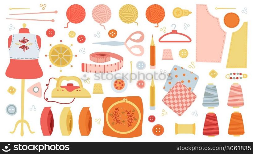 Handmade needlework. Sewing and knitting tools, creative hobby sewing machine, scissors, buttons and spools isolated vector illustration set. Mannequin, measuring tape for tailoring. Handmade needlework. Sewing and knitting tools, creative hobby sewing machine, scissors, buttons and spools isolated vector illustration set