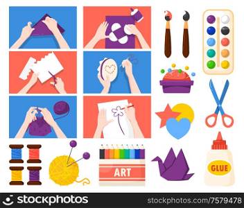 Handmade presents gifts creative art business stress relieving activities flat set with paper folding knitting painting vector illustration