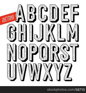 Handmade retro dot&shadow font. Black letters on white background. Sans serif type. Decorative vector alphabet