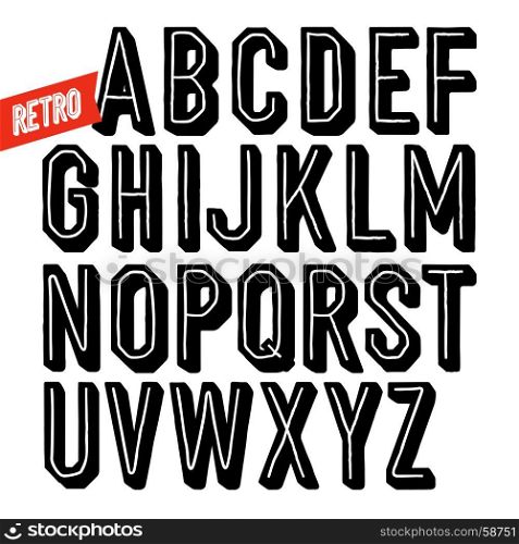 Handmade retro font. Black dot inline condensed hand drawn alphabet. Sans serif type with shadow.