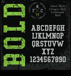 Handmade retro font. Slab serif condensed type. Grunge textures placed in separate layers. Vector illustration.