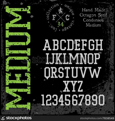 Handmade retro font. Slab serif condensed type. Grunge textures placed in separate layers. Vector illustration.