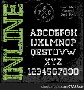 Handmade retro font. Slab serif inline type. Grunge textures placed in separate layers. Vector illustration.