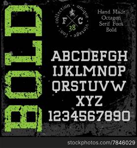 Handmade retro font. Slab serif type. Grunge textures placed in separate layers. Vector illustration.