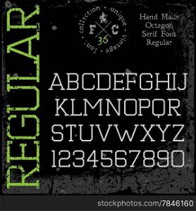 Handmade retro font. Slab serif type. Grunge textures placed in separate layers. Vector illustration.