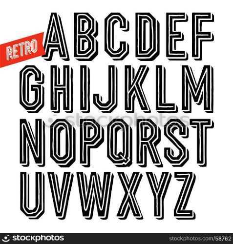 Handmade retro inline&shadow black font. Black letters on white background. Sans serif type. Decorative vector alphabet