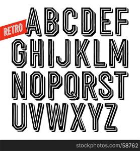 Handmade retro inline&shadow black font. Black letters on white background. Sans serif type. Decorative vector alphabet