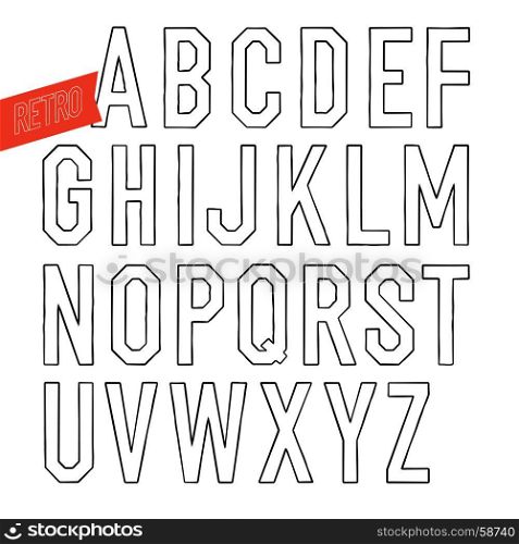Handmade retro outline white font. Black letters on white background. Sans serif type. Decorative vector alphabet
