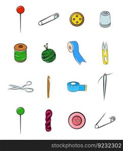 Handmade sewing tools icon set cartoon vector clip art graphic elements needle yarn hook scissors ribbon button pin roulette