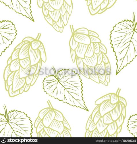 Handmade sketch green hops on white background seamless pattern. Engraved cones and leaves of hops, an ingredient for beer production. Pattern with plants for packaging, wallpaper and background, vector illustration.. Handmade sketch green hops on white background seamless pattern.