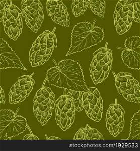 Handmade sketch hop seamless pattern. Background with engraved cones and leaves of hops, an ingredient for the production of beer. Template with plants for packaging, wallpaper and background, vector illustration.. Handmade sketch hop seamless pattern.