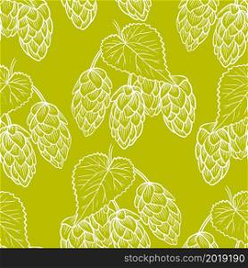 Handmade sketch hops seamless pattern. Background, white plants on green. Template for packaging, fabric, wallpaper and product design.. Handmade sketch hops seamless pattern.