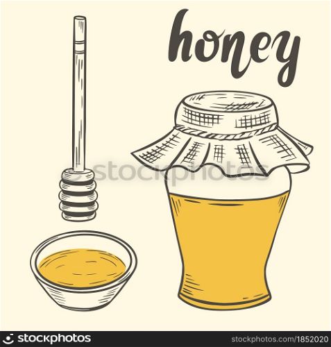 Handmade sketch of honey jar, spoon and bowl. Vector vintage illustration. Engraving of a natural healthy natural product of honey and propolis.. Handmade sketch of honey jar, spoon and bowl.