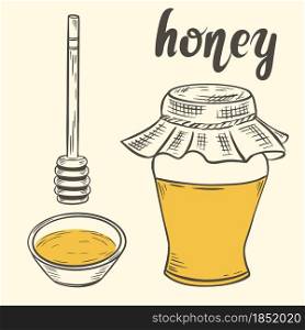 Handmade sketch of honey jar, spoon and bowl. Vector vintage illustration. Engraving of a natural healthy natural product of honey and propolis.. Handmade sketch of honey jar, spoon and bowl.