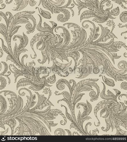 Handmade unusual seamless vector pattern. Exotic floral design background. Feathers and leaves, black thin contour line. Art print on fabric