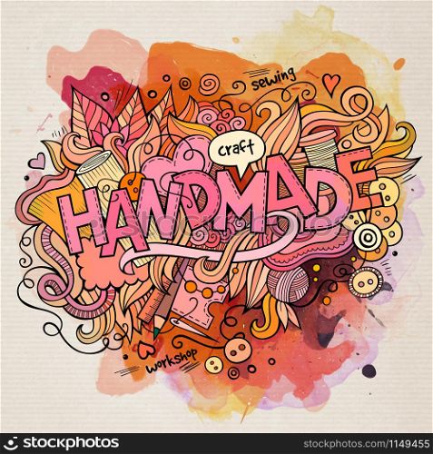 Handmade watercolor cartoon hand lettering and doodles elements background. Vector illustration