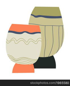 handmade workshop on pottery, isolated mugs and cups with lines and abstract design. Crockery and kitchenware, store or shop with assortment of crafted goods. Vector in flat style illustration. Pottery lessons, cups or mugs handmade design