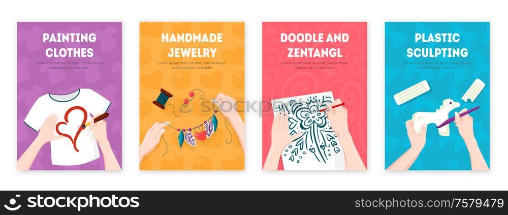 Handmate creative art ideas workshops 4 flat colorful posters with plastic sculpting clothes decoration jewelry vector illustration