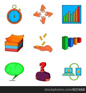 Handout icons set. Cartoon set of 9 handout vector icons for web isolated on white background. Handout icons set, cartoon style