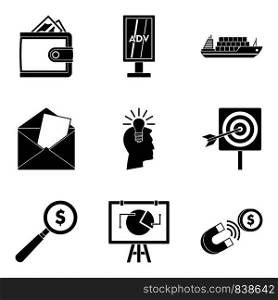 Handout icons set. Simple set of 9 handout vector icons for web isolated on white background. Handout icons set, simple style