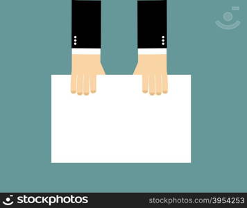 Hands and Blank billboard. Businessman keeps clean sheet of paper. Hands men top view. White blank whiteboard for your text