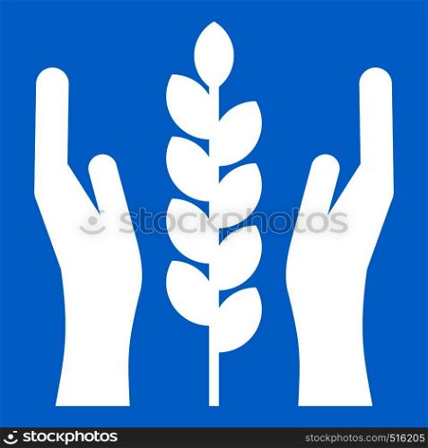 Hands and ear of wheat icon white isolated on blue background vector illustration. Hands and ear of wheat icon white