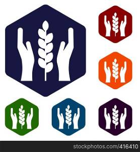 Hands and ear of wheat icons set rhombus in different colors isolated on white background. Hands and ear of wheat icons set