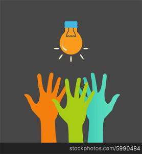 Hands and light bulb. Search ideas. Vector print.. Hands and light bulb. Search ideas. Vector print