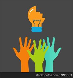 Hands and light bulb. Search ideas. Vector print.. Hands and light bulb. Search ideas. Vector print