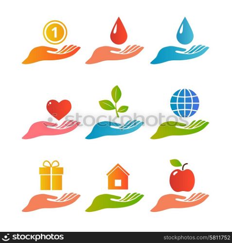 Hands and palm up concept with various objects logo set flat isolated vector illustration . Hands palm up logo set