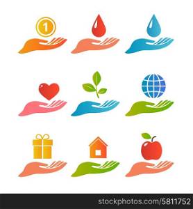 Hands and palm up concept with various objects logo set flat isolated vector illustration . Hands palm up logo set