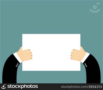 Hands and pure blank billboard banner sign. Businessman holding a poster. Space for text. White sheet of paper