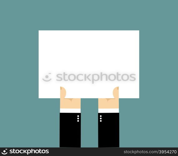 Hands and white sheet of paper, Billboard. Blank banner with place for your text. Businessman hand holding white blank plate.&#xA;