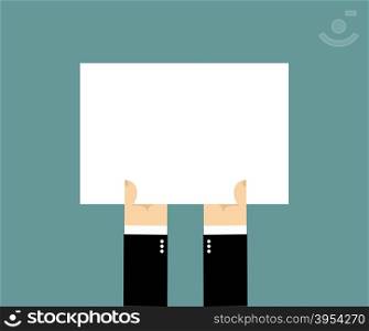 Hands and white sheet of paper, Billboard. Blank banner with place for your text. Businessman hand holding white blank plate.&#xA;