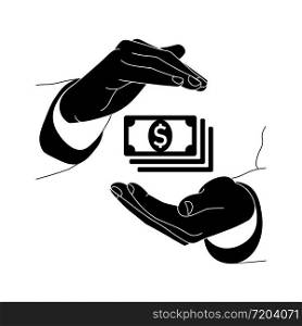 Hands are holding money, banknote or dollar bill icon flat logo in black on isolated white background. EPS 10 vector. Hands are holding money, banknote or dollar bill icon flat logo in black on isolated white background. EPS 10 vector.