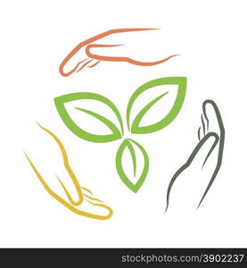 hands around green leaves as multi national environment concept vector illustration