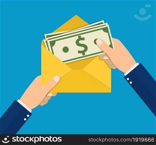 Hands businessman holding envelope with cash. Open envelope with money. Finance concept of corruption and bribery. Vector illustration in flat style. Hands businessman holding envelope with cash.