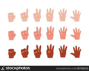 Hands count. Cartoon multiracial human palm gestures showing numbers by fingers, math study sign language concept flat style, Vector isolated set. Countdown or score calculation signals. Hands count. Cartoon multiracial human palm gestures showing numbers by fingers, math study sign language concept flat style, Vector isolated set