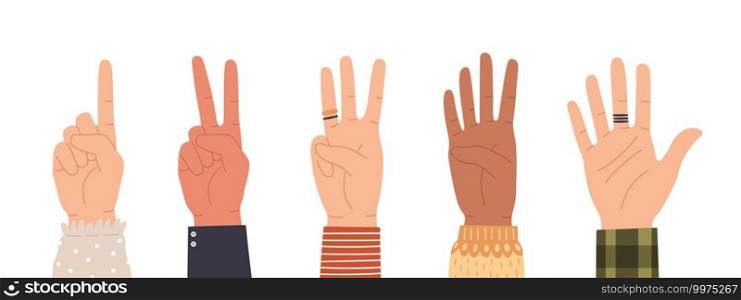 Hands counting. Count on fingers showing number one, two, three, four and five. Hand icons countdown gesture in trendy flat style vector set. Male and female palms with rings isolated. Hands counting. Count on fingers showing number one, two, three, four and five. Hand icons countdown gesture in trendy flat style vector set
