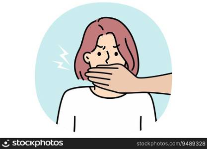 Hands cover woman mouth prohibit to speak. Concept of censorship and restrictions on freedom of speech. Vector illustration.. Hands cover woman mouth